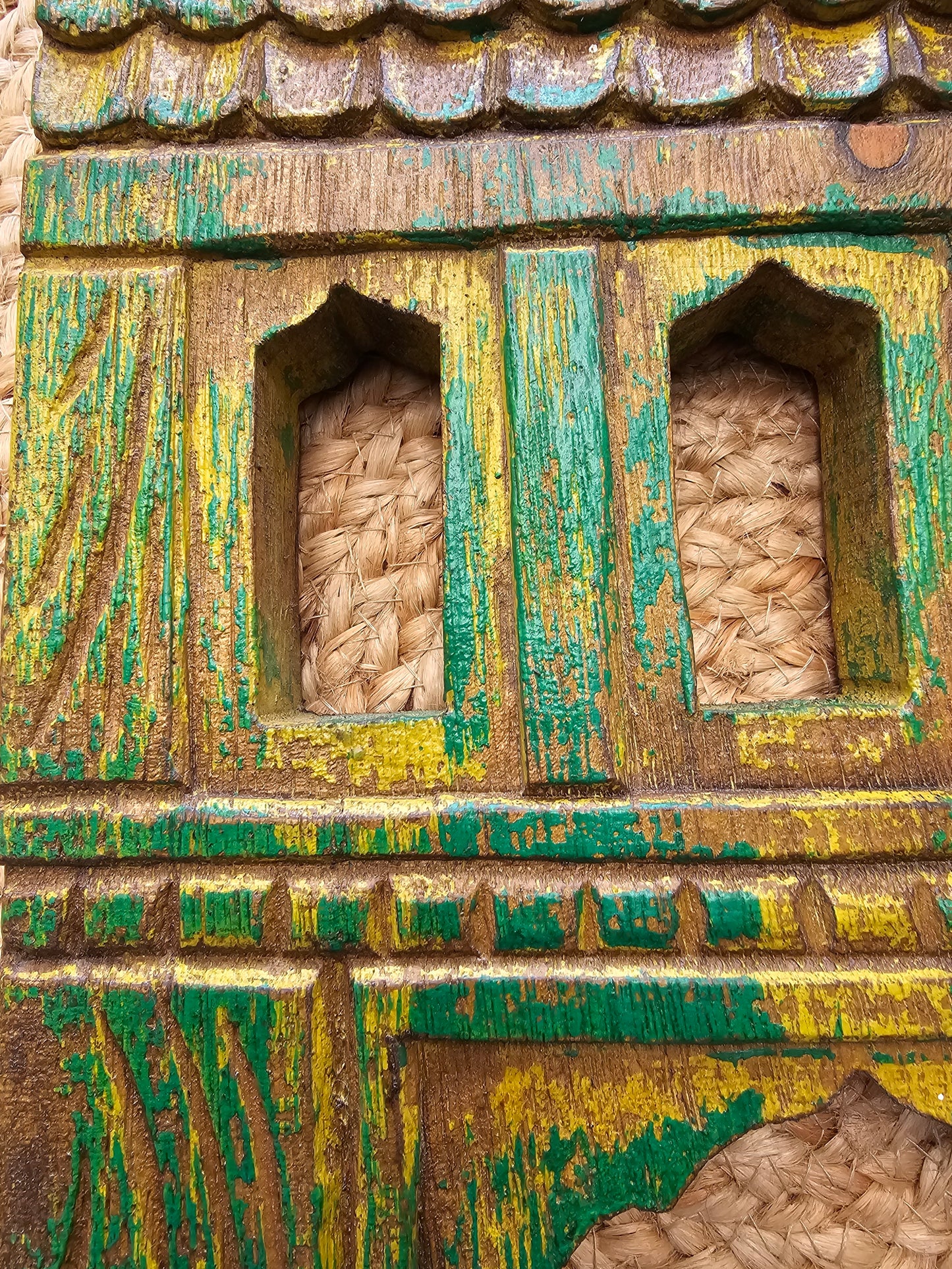Vintage Green Hand-Carved Wooden Jharokha | Traditional Rajasthani Wall Hanging Window Frame