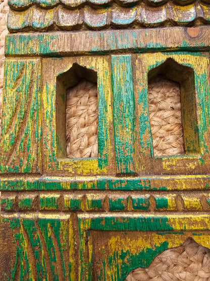 Vintage Green Hand-Carved Wooden Jharokha | Traditional Rajasthani Wall Hanging Window Frame