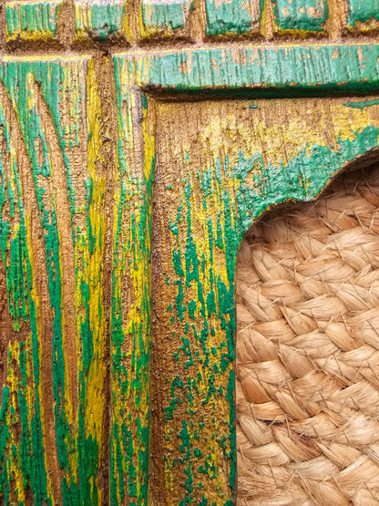Vintage Green Hand-Carved Wooden Jharokha | Traditional Rajasthani Wall Hanging Window Frame