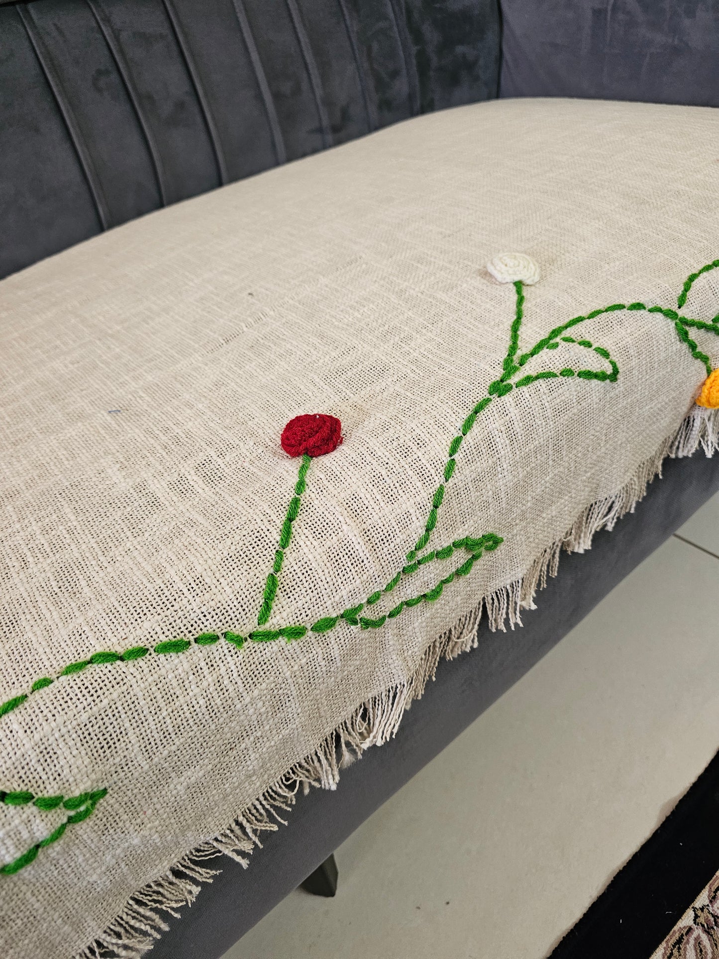Off-White Throw with 3D Woolen Flower & Vine Embroidery | Soft Slub Cotton Sofa Cover