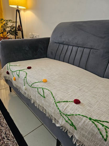 Off-White Throw with 3D Woolen Flower & Vine Embroidery | Soft Slub Cotton Sofa Cover
