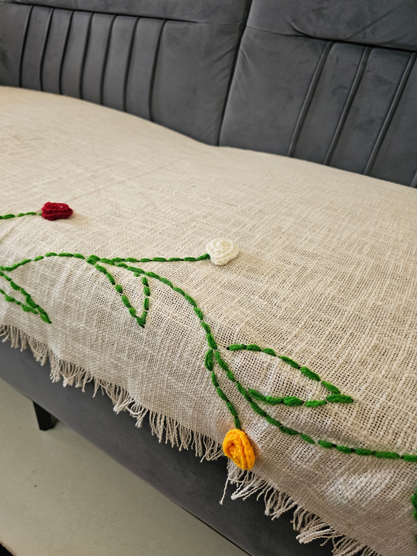 Off-White Throw with 3D Woolen Flower & Vine Embroidery | Soft Slub Cotton Sofa Cover
