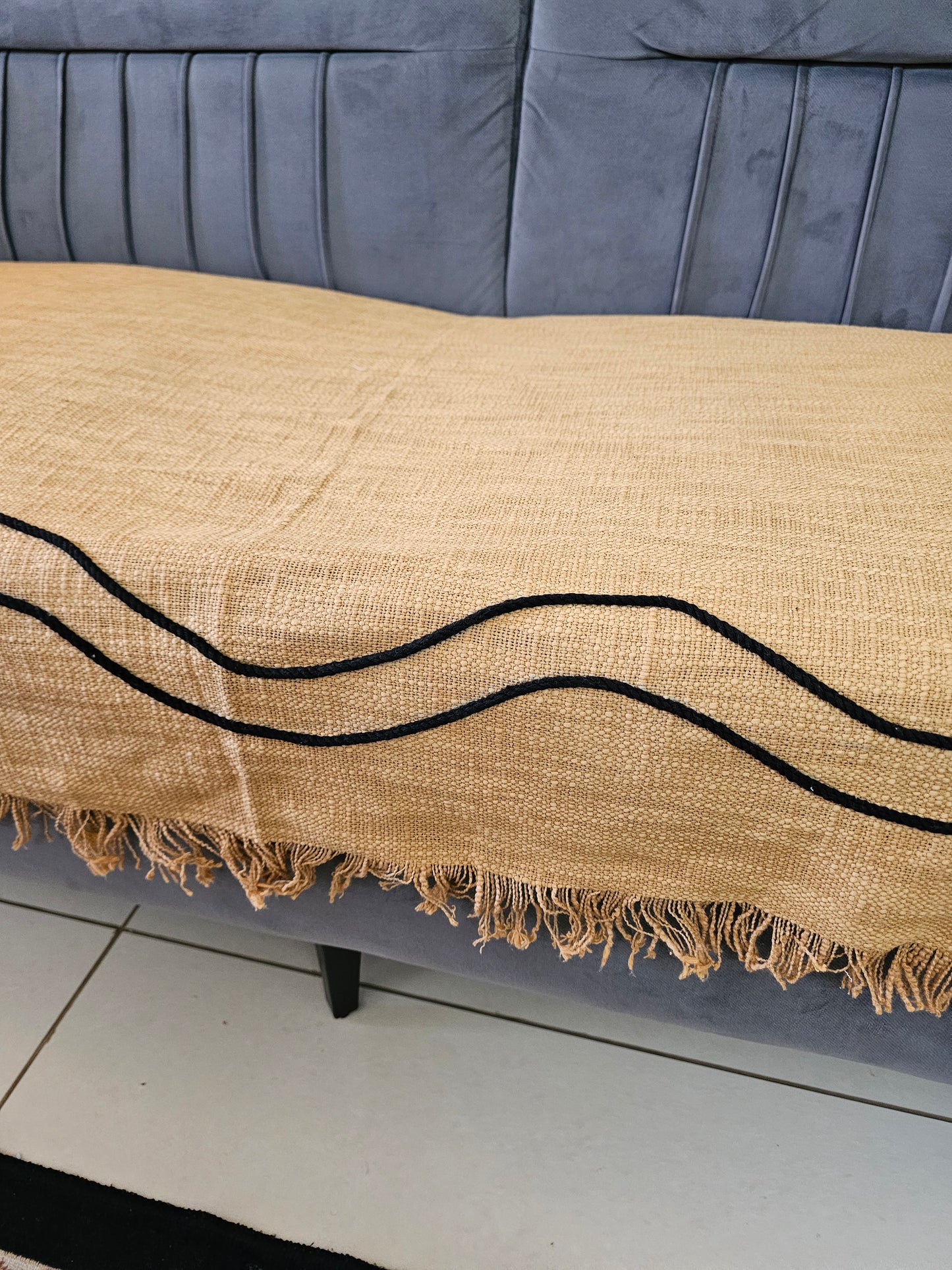 Mustard Yellow Throw with Cotton Thread Wave Work & Self Fringes | Handloom Jute Cotton Sofa Cover