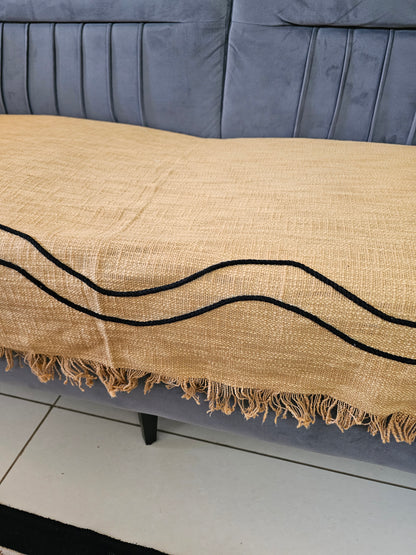 Mustard Yellow Throw with Cotton Thread Wave Work & Self Fringes | Handloom Jute Cotton Sofa Cover