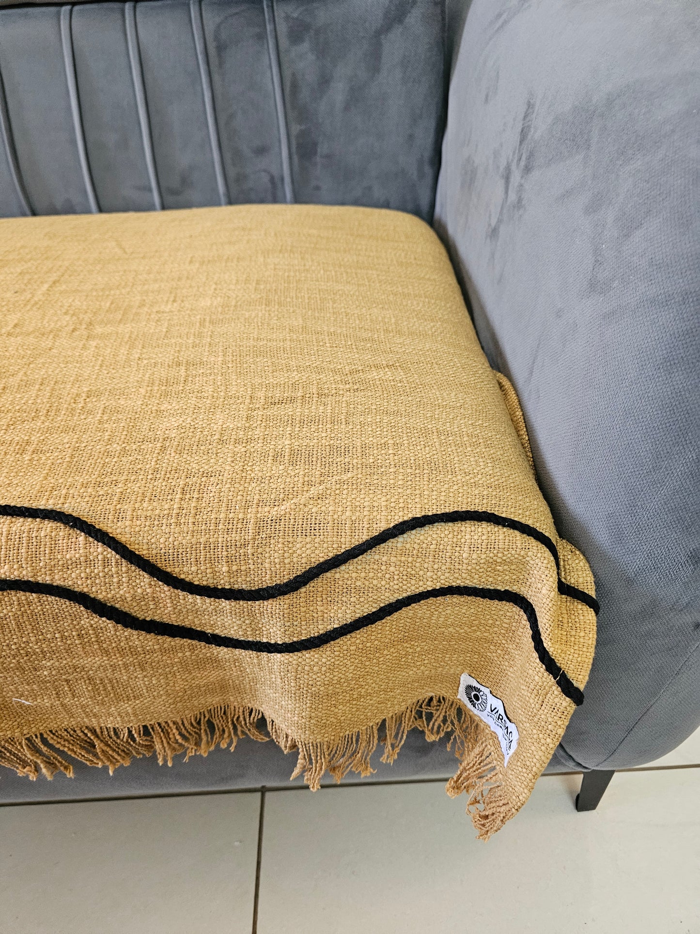 Mustard Yellow Throw with Cotton Thread Wave Work & Self Fringes | Handloom Jute Cotton Sofa Cover