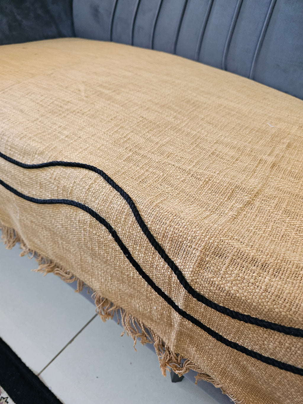 Mustard Yellow Throw with Cotton Thread Wave Work & Self Fringes | Handloom Jute Cotton Sofa Cover