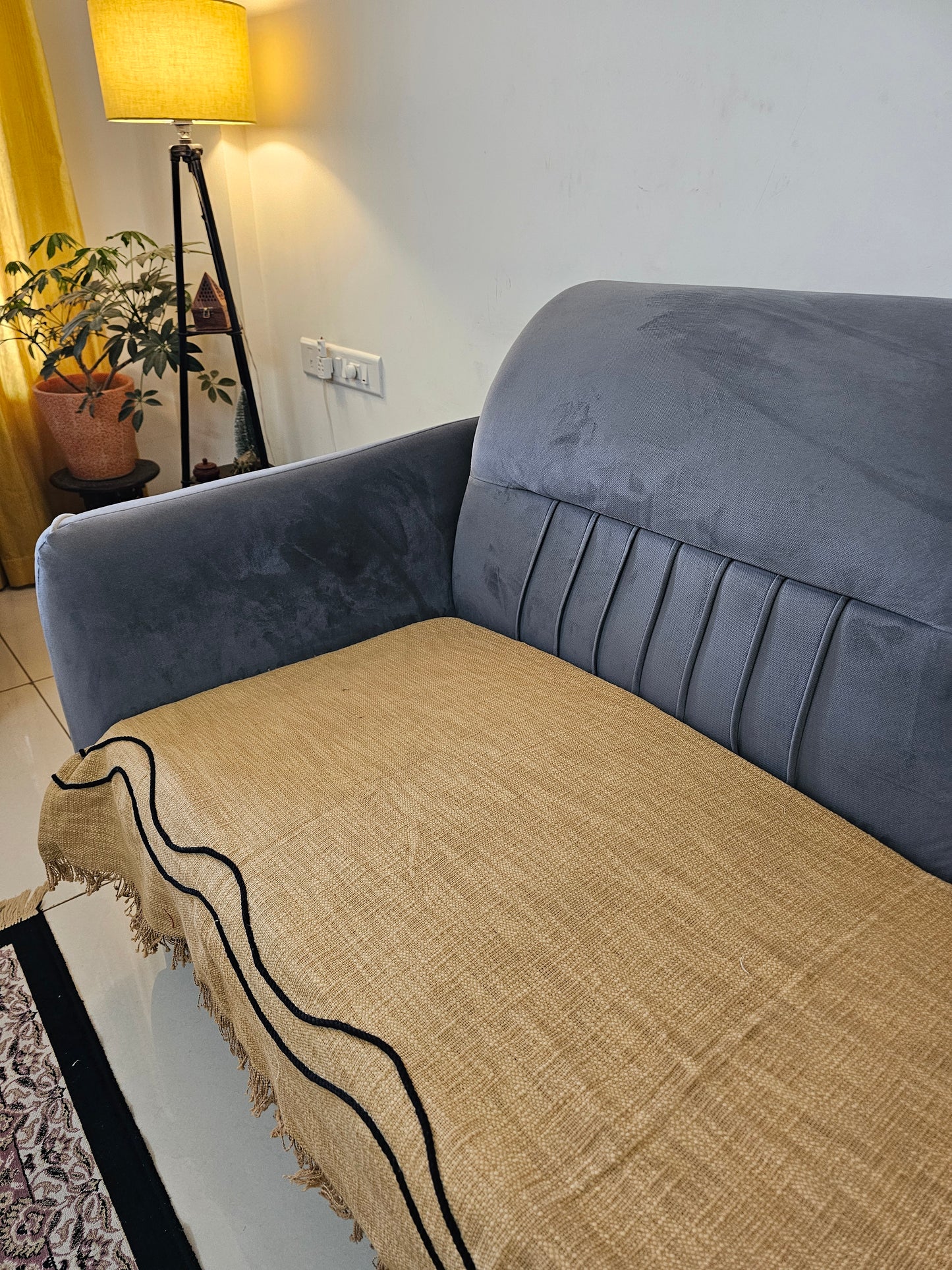 Mustard Yellow Throw with Cotton Thread Wave Work & Self Fringes | Handloom Jute Cotton Sofa Cover