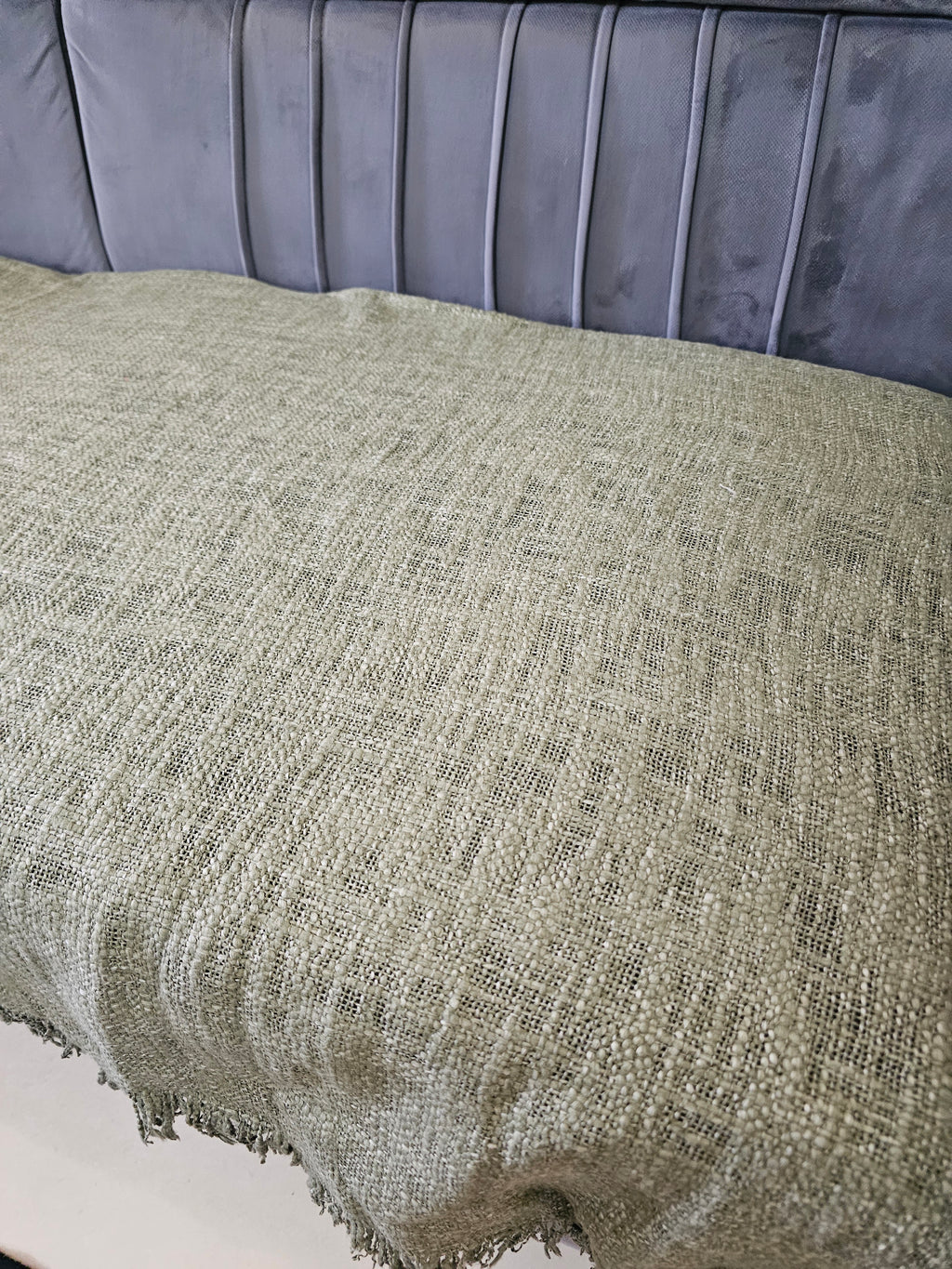 Mud Green Slub Cotton Sofa Cover | Lightweight Throw with Self-Fringed Edges