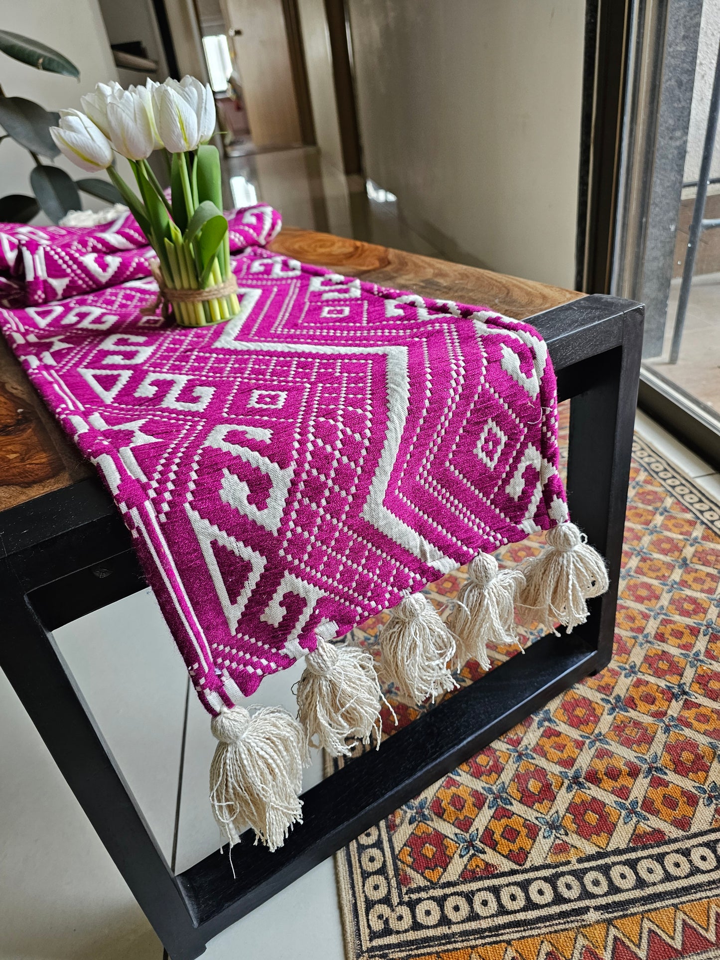 Pink Magenta & Beige Handloom Jacquard Table Runner | Thick Cotton with Beige Tassels