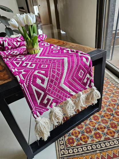 Pink Magenta & Beige Handloom Jacquard Table Runner | Thick Cotton with Beige Tassels