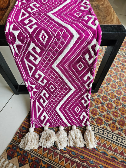 Pink Magenta & Beige Handloom Jacquard Table Runner | Thick Cotton with Beige Tassels