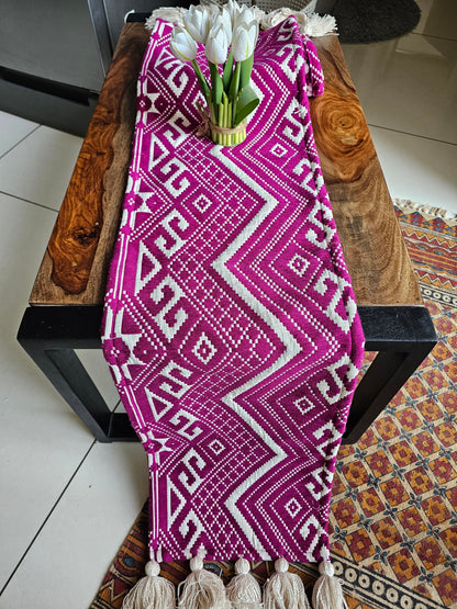 Pink Magenta & Beige Handloom Jacquard Table Runner | Thick Cotton with Beige Tassels