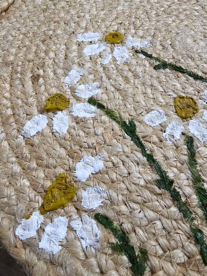 15" Hand-Painted Daisy Jute Table Mats | Braided Natural Jute | Artisanal Floral Table Decor