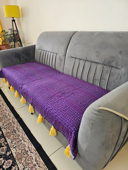 Solid Purple Kantha Sofa Cover | 100% Cotton Hand-Stitched Throw | Yellow Tassels