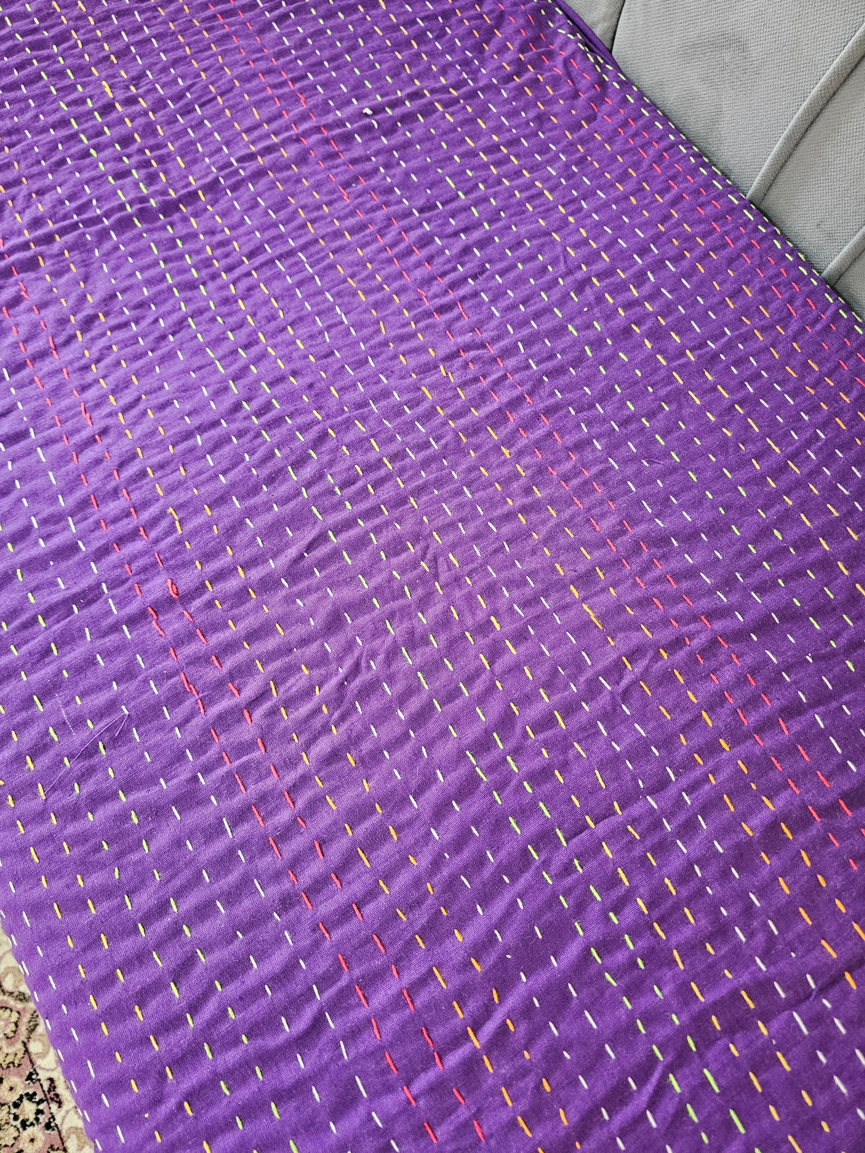 Solid Purple Kantha Sofa Cover | 100% Cotton Hand-Stitched Throw | Yellow Tassels