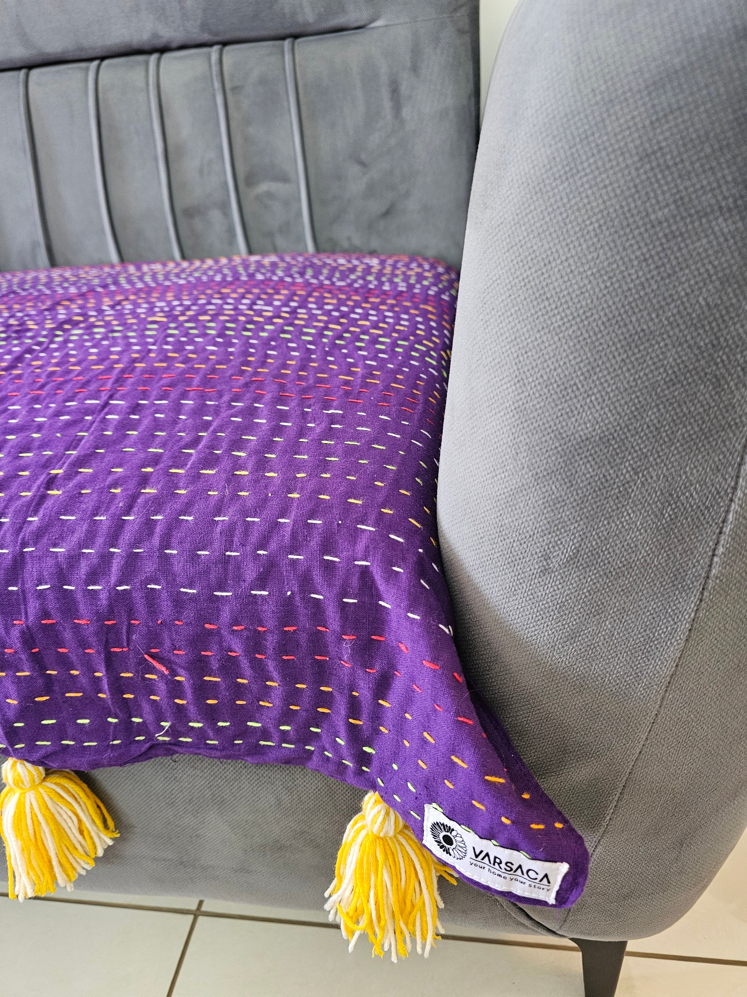 Solid Purple Kantha Sofa Cover | 100% Cotton Hand-Stitched Throw | Yellow Tassels
