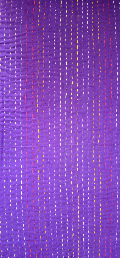 Solid Purple Kantha Sofa Cover | 100% Cotton Hand-Stitched Throw | Yellow Tassels