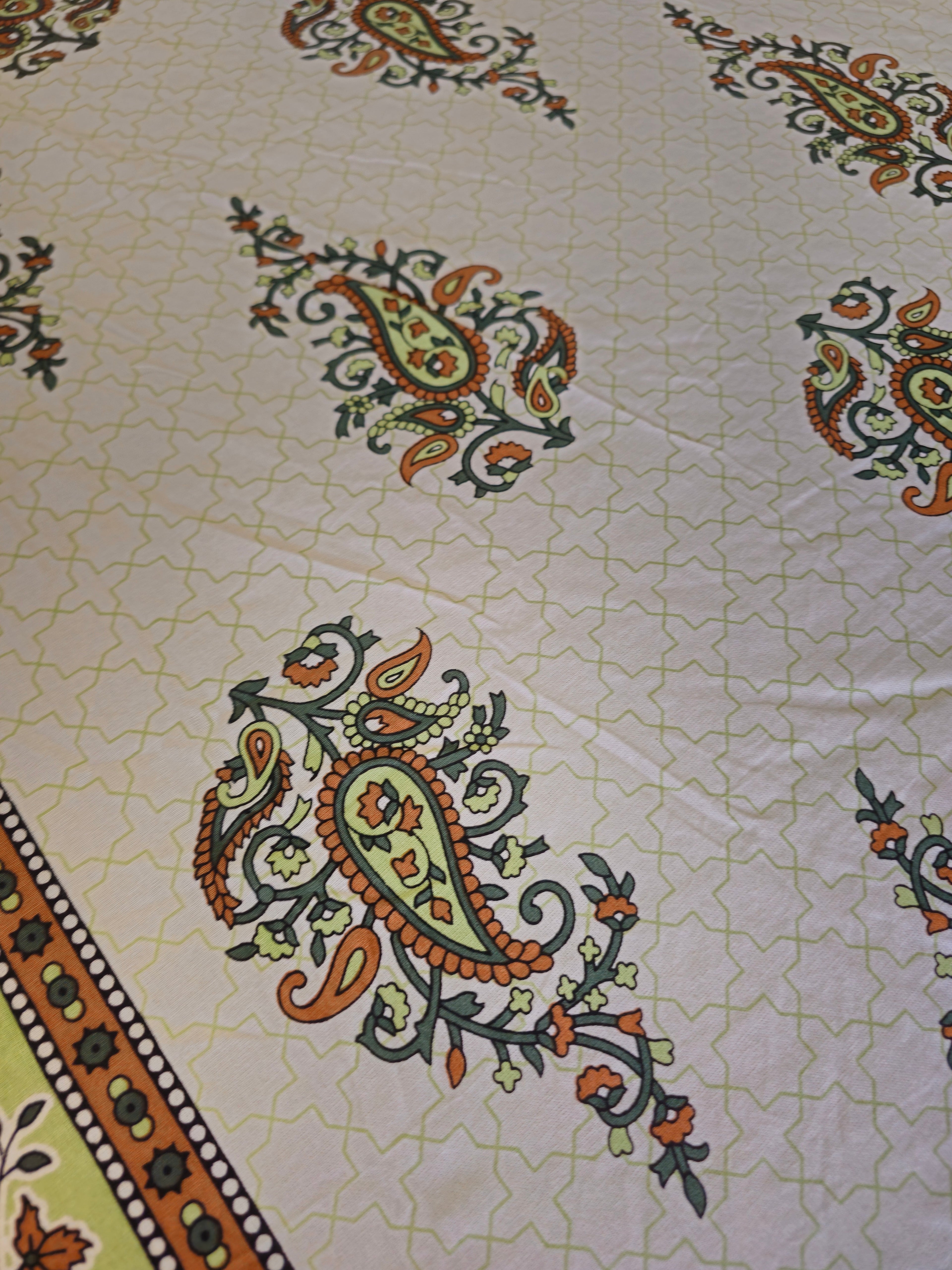 King Size Fitted Bedsheet | Pure Cotton | Brown & Green Paisley Print on White Base