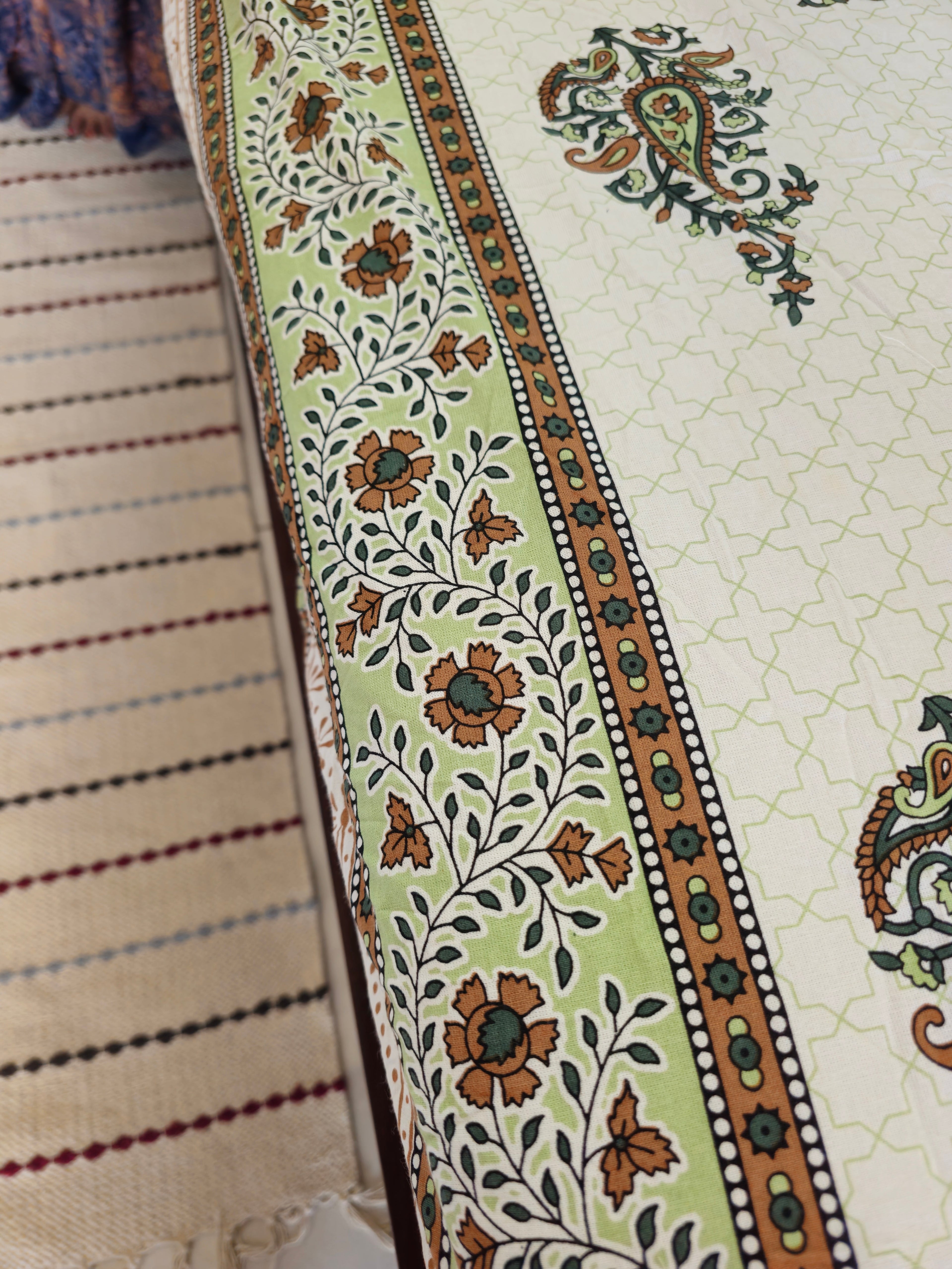 King Size Fitted Bedsheet | Pure Cotton | Brown & Green Paisley Print on White Base