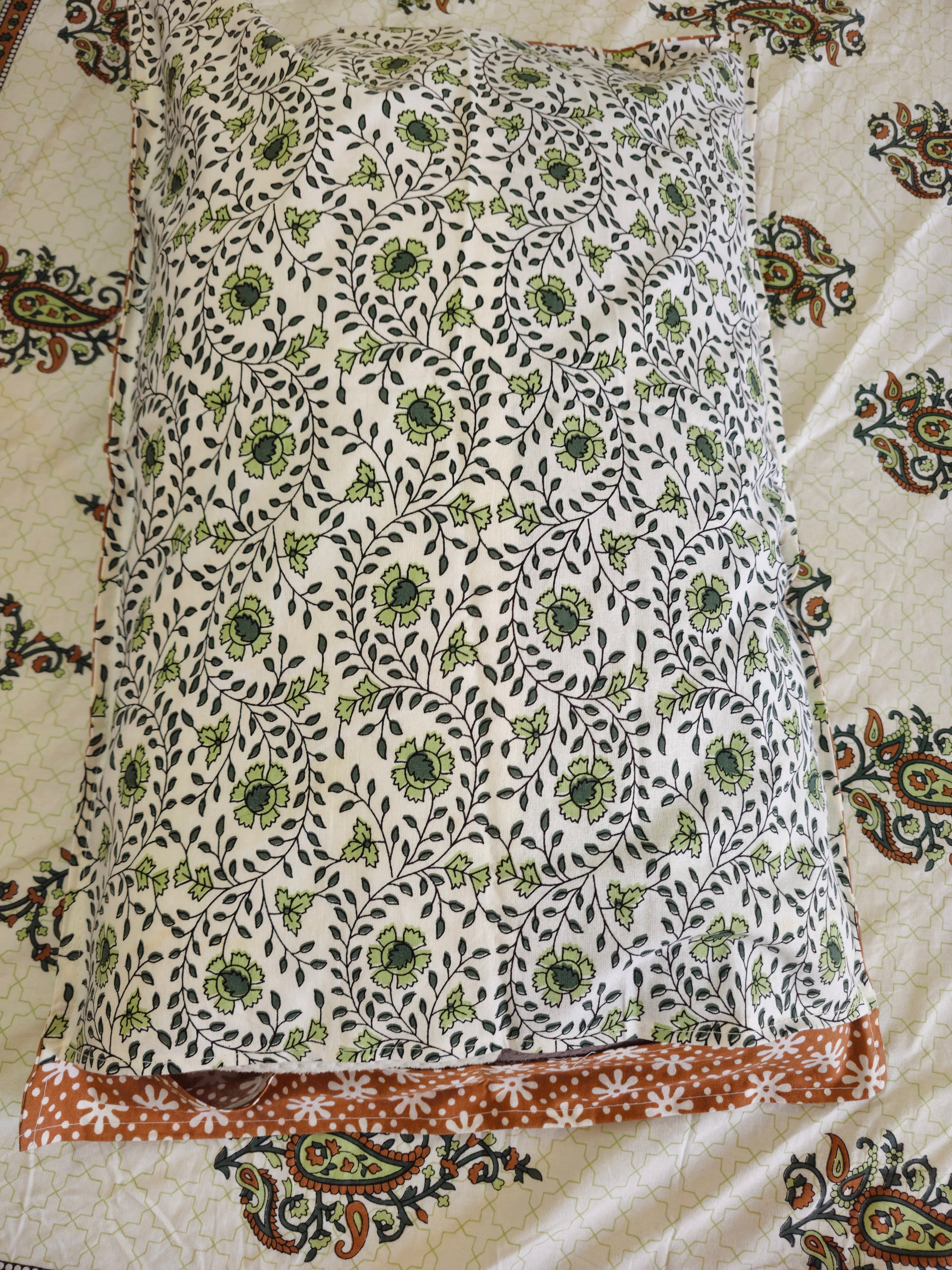 King Size Fitted Bedsheet | Pure Cotton | Brown & Green Paisley Print on White Base