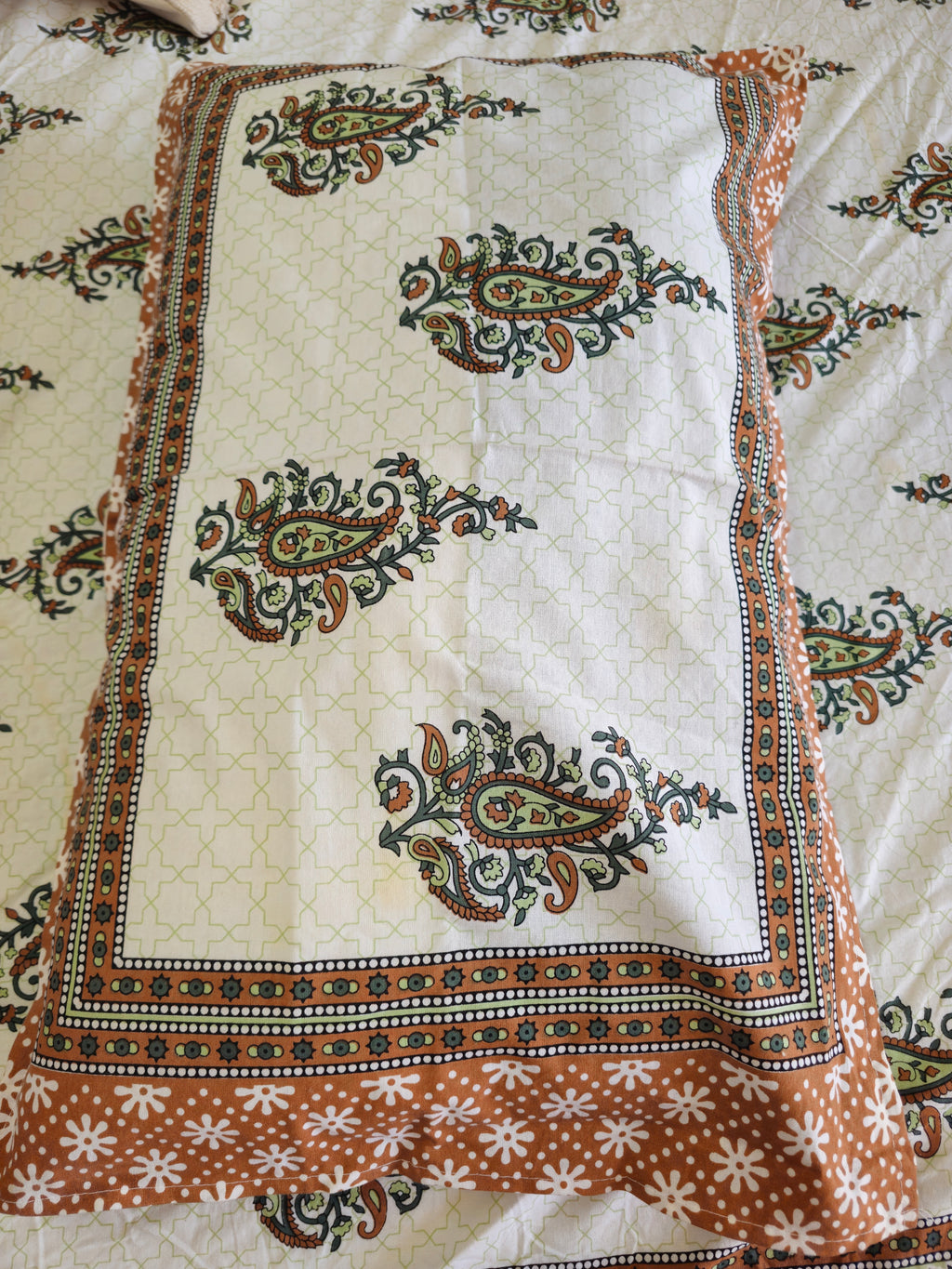 King Size Fitted Bedsheet | Pure Cotton | Brown & Green Paisley Print on White Base