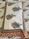 King Size Fitted Bedsheet | Pure Cotton | Brown & Green Paisley Print on White Base