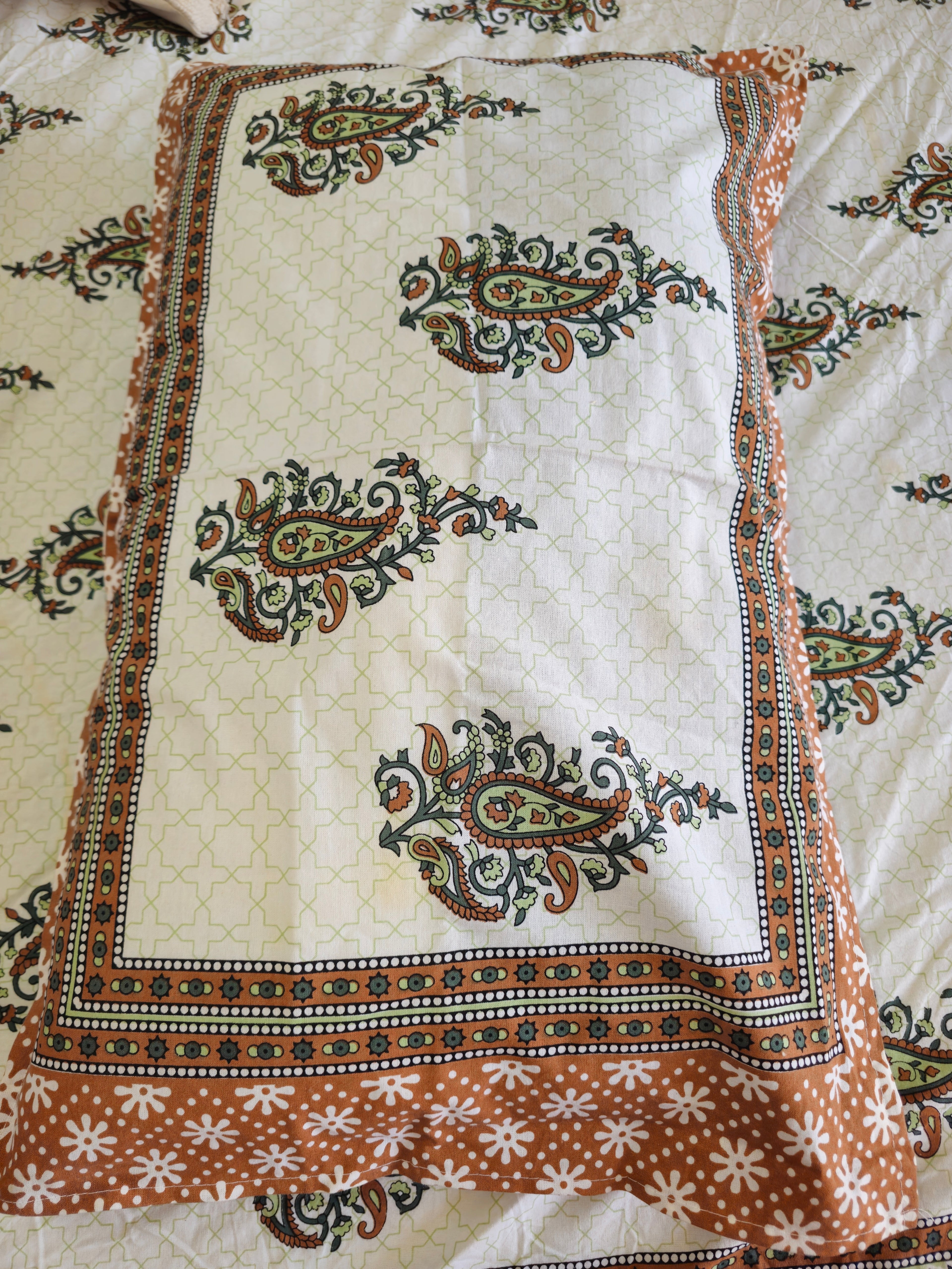 King Size Fitted Bedsheet | Pure Cotton | Brown & Green Paisley Print on White Base