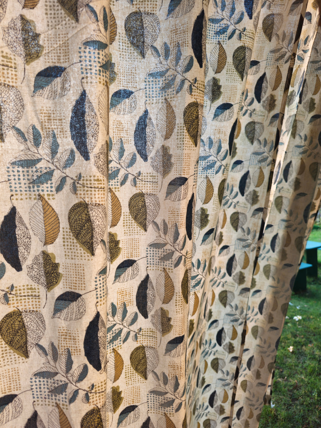 Earthy Botanical Leaf Print Curtain | 100% Pure Cotton | Yellow, Green & Blue, Black Hand-Printed Leaf Art | Semi-Sheer & Breathable
