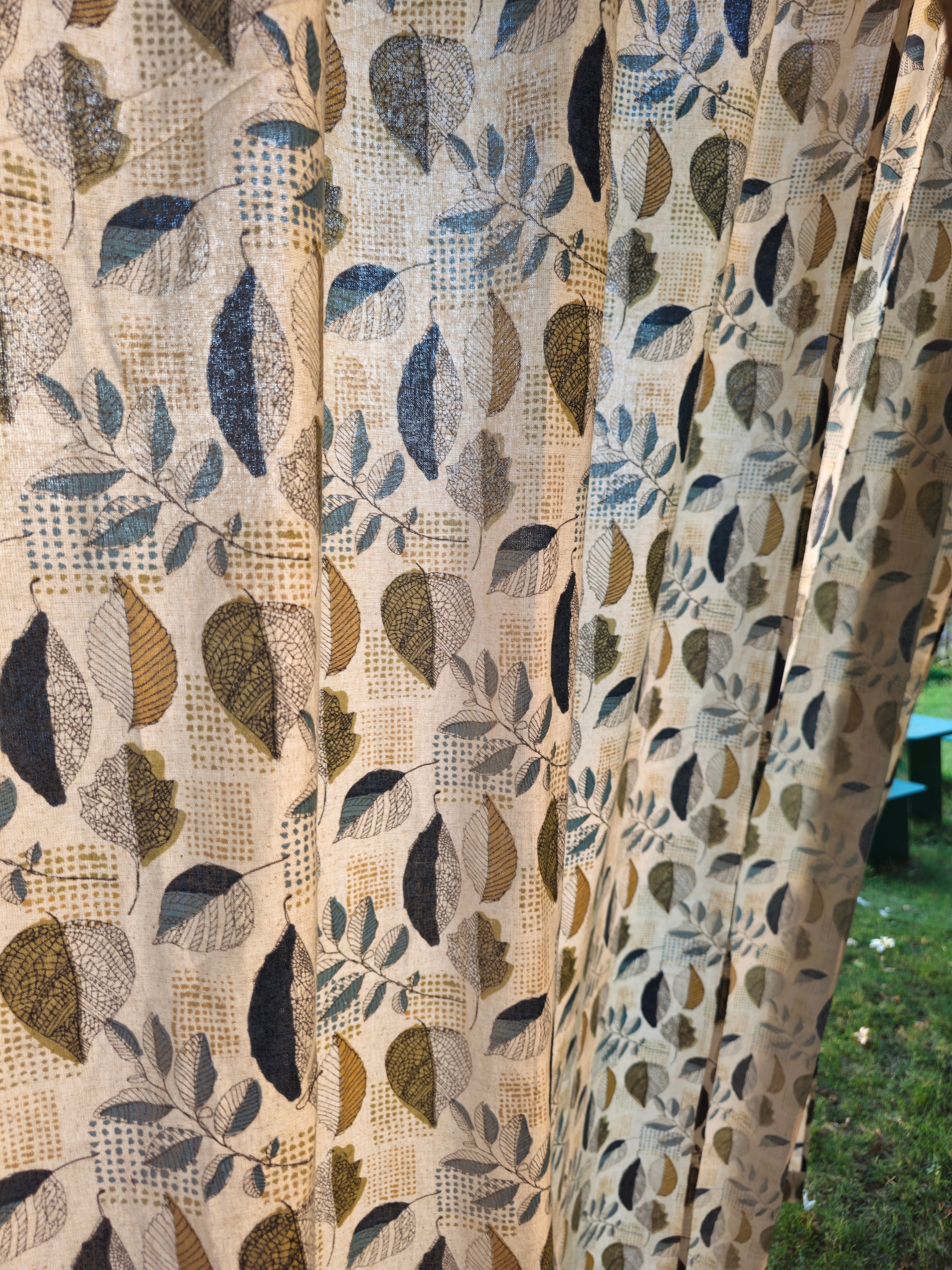 Earthy Botanical Leaf Print Curtain | 100% Pure Cotton | Yellow, Green & Blue, Black Hand-Printed Leaf Art | Semi-Sheer & Breathable