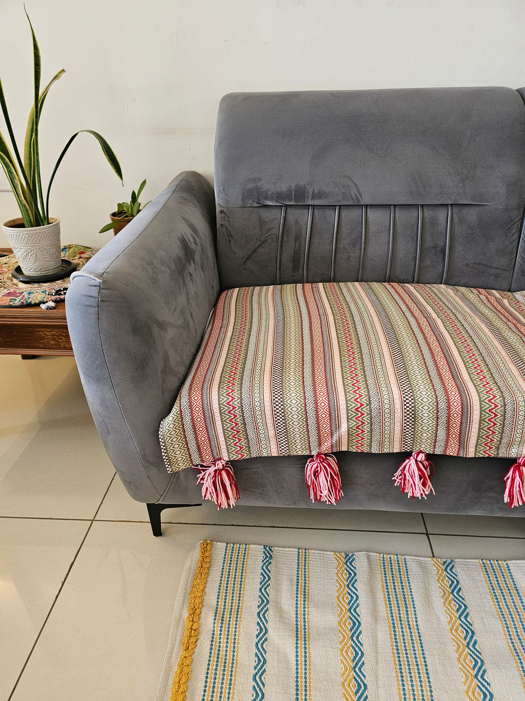 Boho Striped Jacquard Cotton Sofa Throw Cover | Textured Aztec Geometric Couch Protector with Tassels
