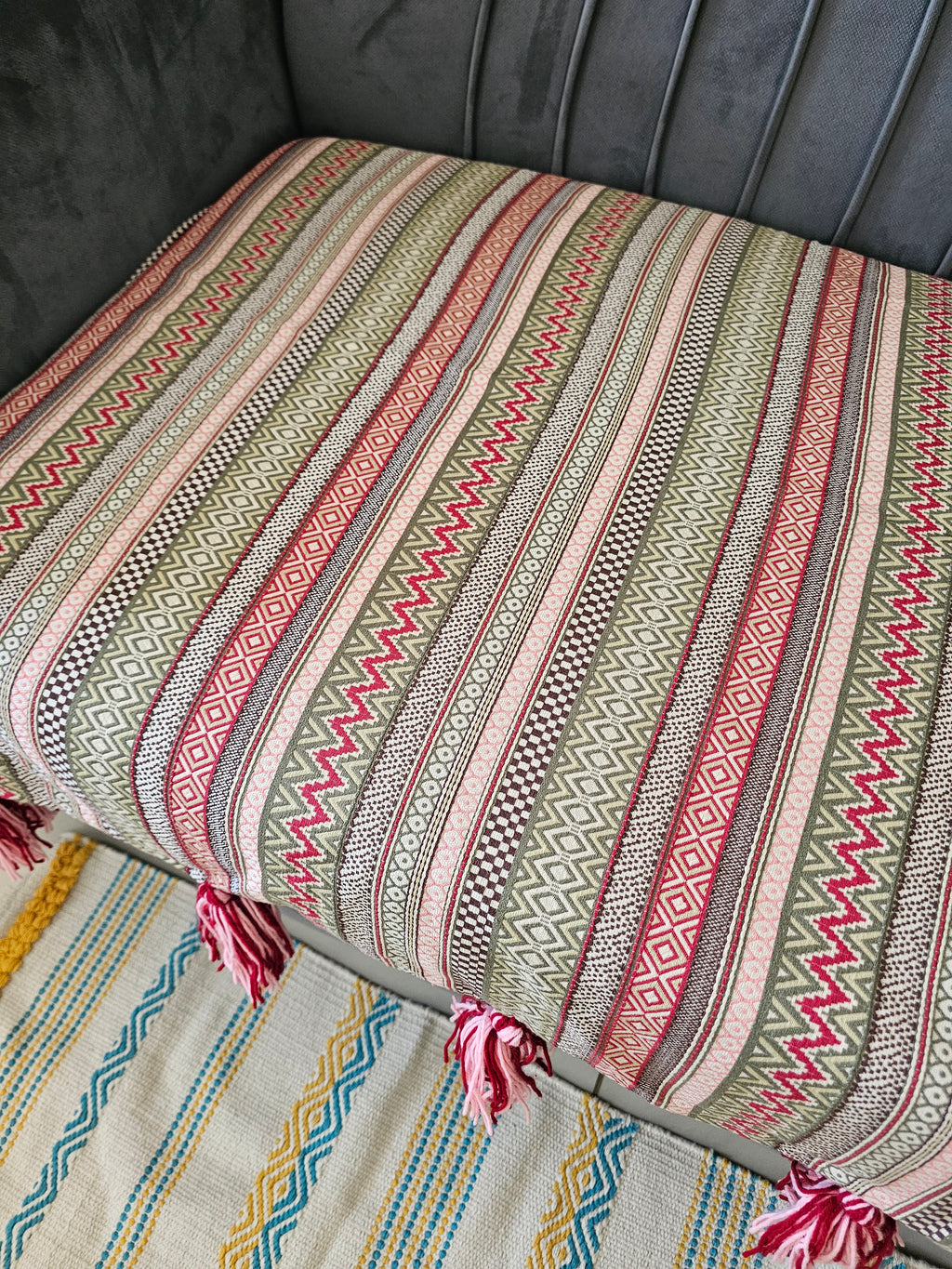 Boho Striped Jacquard Cotton Sofa Throw Cover | Textured Aztec Geometric Couch Protector with Tassels