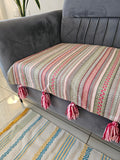 Boho Striped Jacquard Cotton Sofa Throw Cover | Textured Aztec Geometric Couch Protector with Tassels