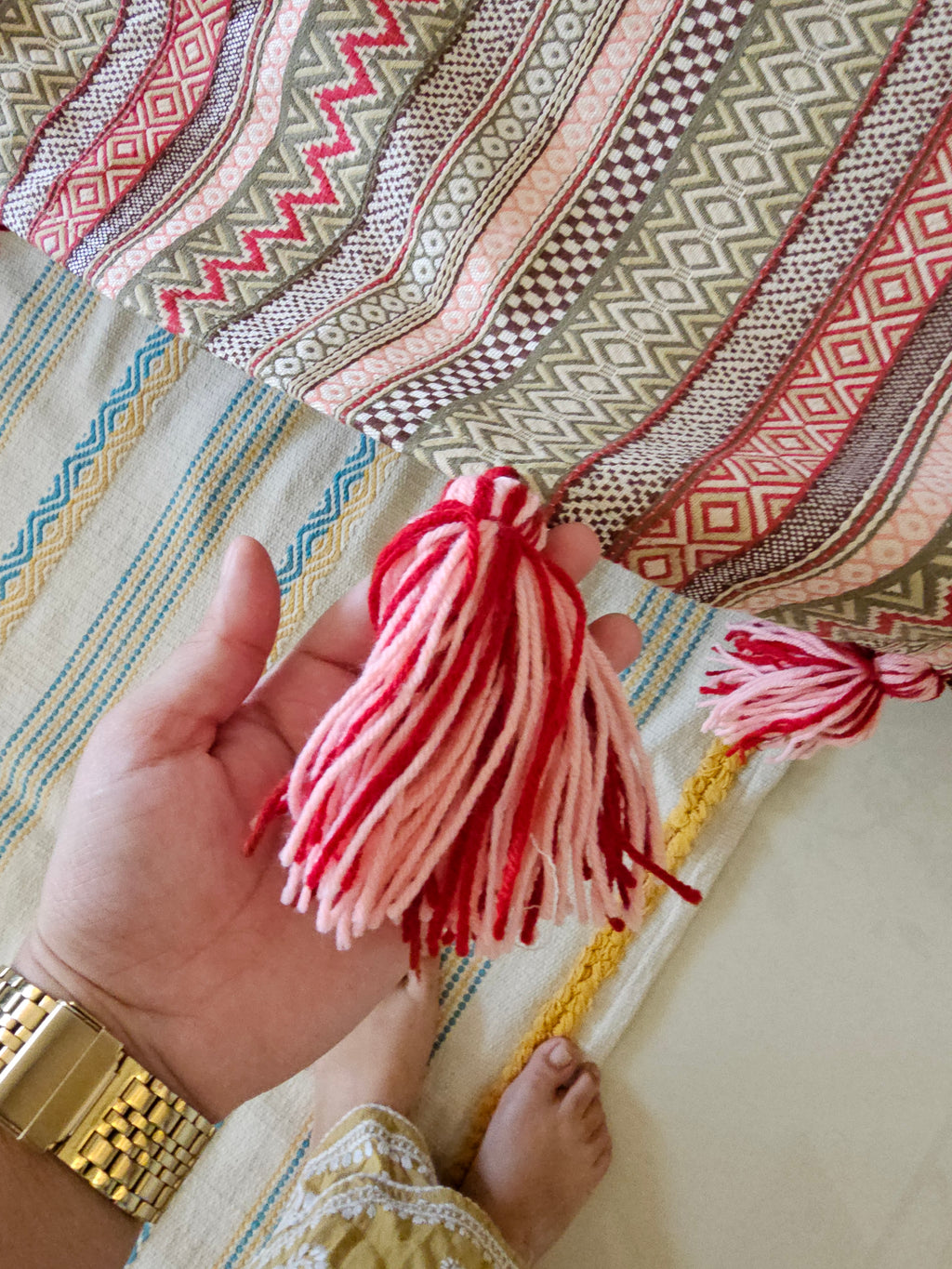 Boho Striped Jacquard Cotton Sofa Throw Cover | Textured Aztec Geometric Couch Protector with Tassels