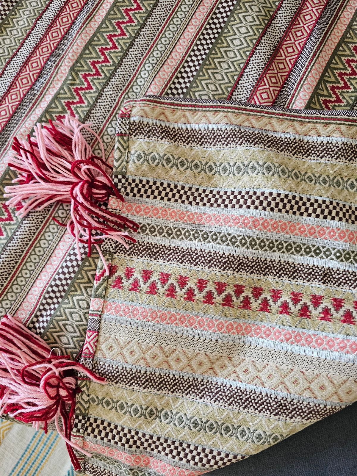 Boho Striped Jacquard Cotton Sofa Throw Cover | Textured Aztec Geometric Couch Protector with Tassels