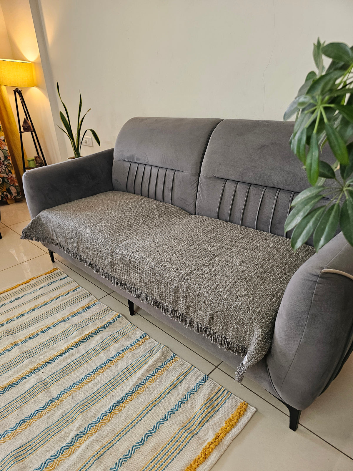 Charcoal Handwoven Thick Cotton Sofa Cover | Heavyweight Textured Seat Runner