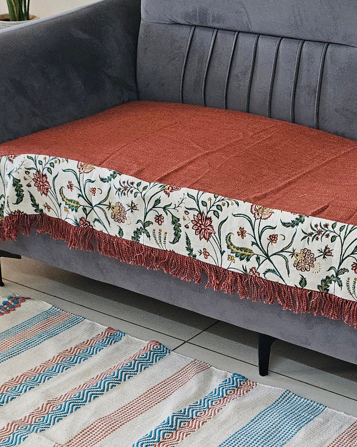 Terracotta Jute Cotton Sofa Cover | orange Floral patch work with fridge