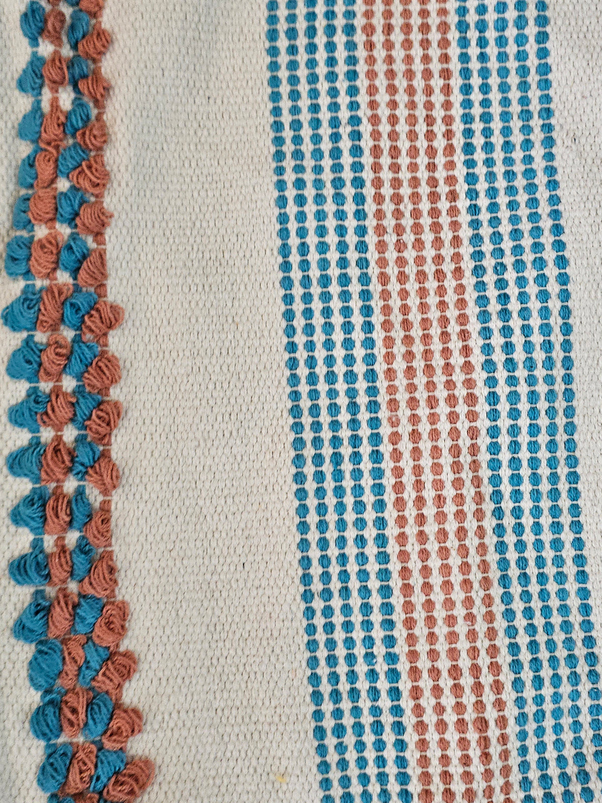 Handtufted Cotton Accent Rug | Off-White Floor Mat with Blue and Red Tufted Details