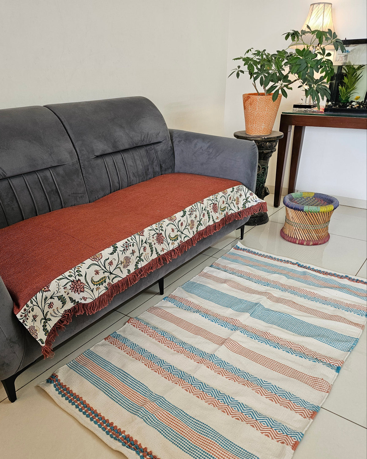 Terracotta Jute Cotton Sofa Cover | orange Floral patch work with fridge