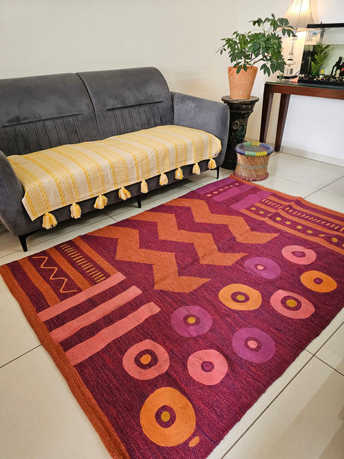 5x8  ft | Varsaca Sunburst Geometric Handwoven Wool Rug | Terracotta & Crimson Abstract
