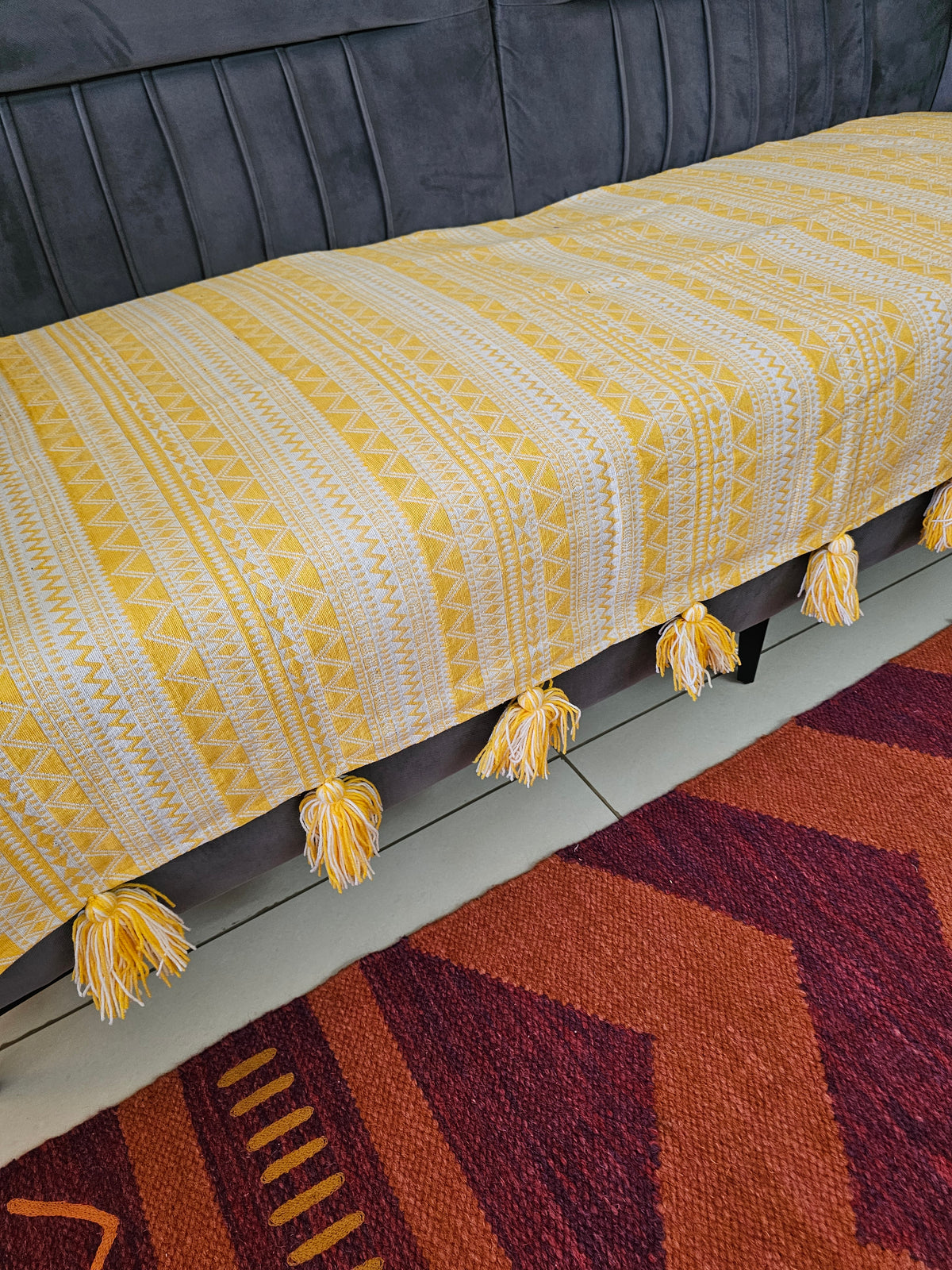 Yellow Zig-Zag Abstract Jacquard Cotton Sofa Cover | Tasseled Seat Runner