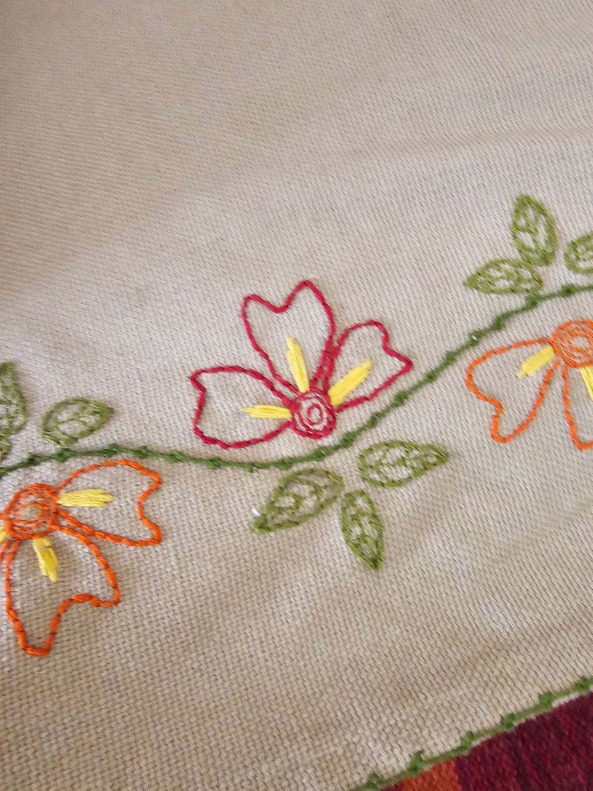 Oatmeal Jute-Cotton Floral Hand-Embroidered Sofa Cover | Artisan Seat Runner