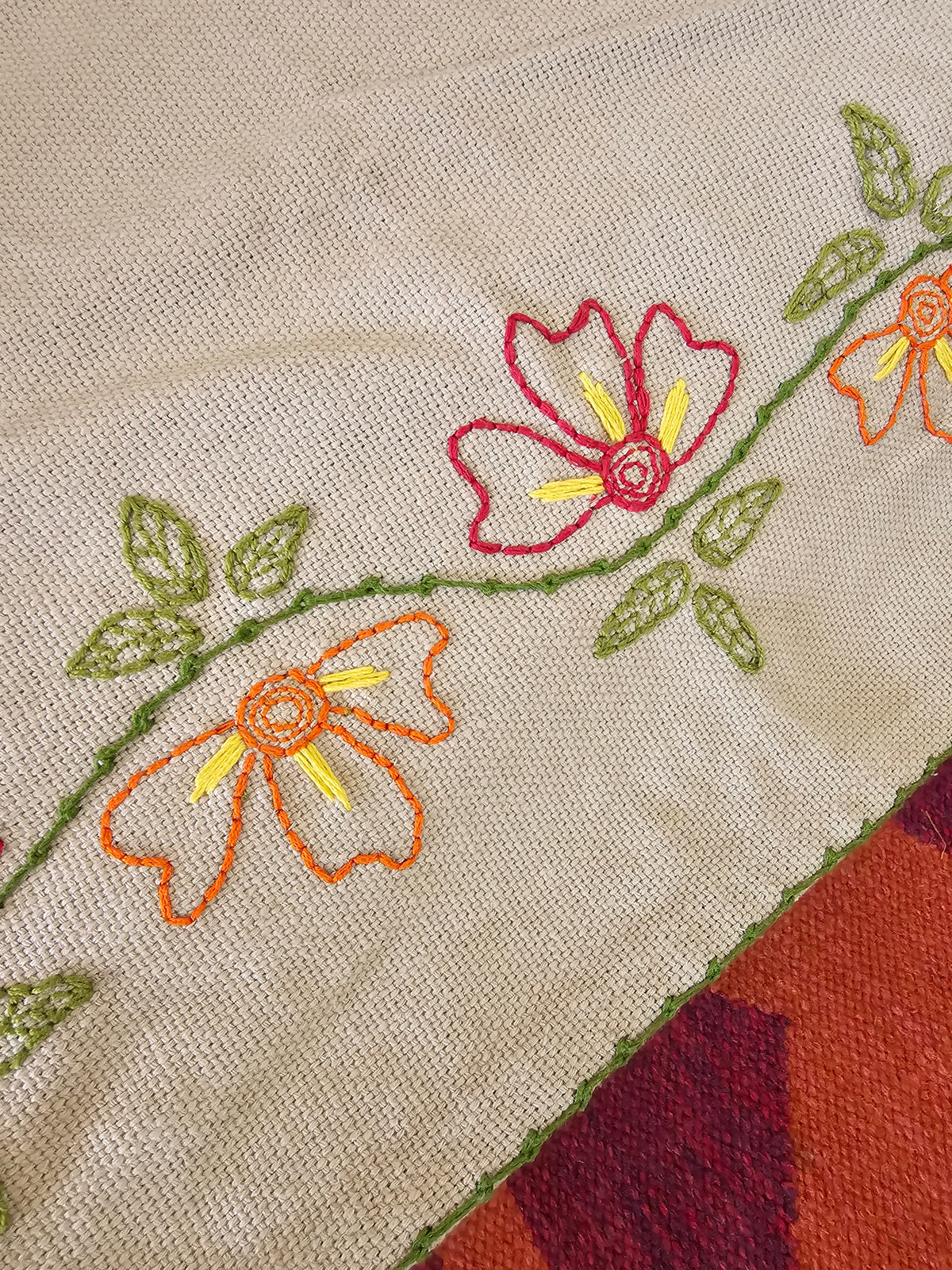 Oatmeal Jute-Cotton Floral Hand-Embroidered Sofa Cover | Artisan Seat Runner