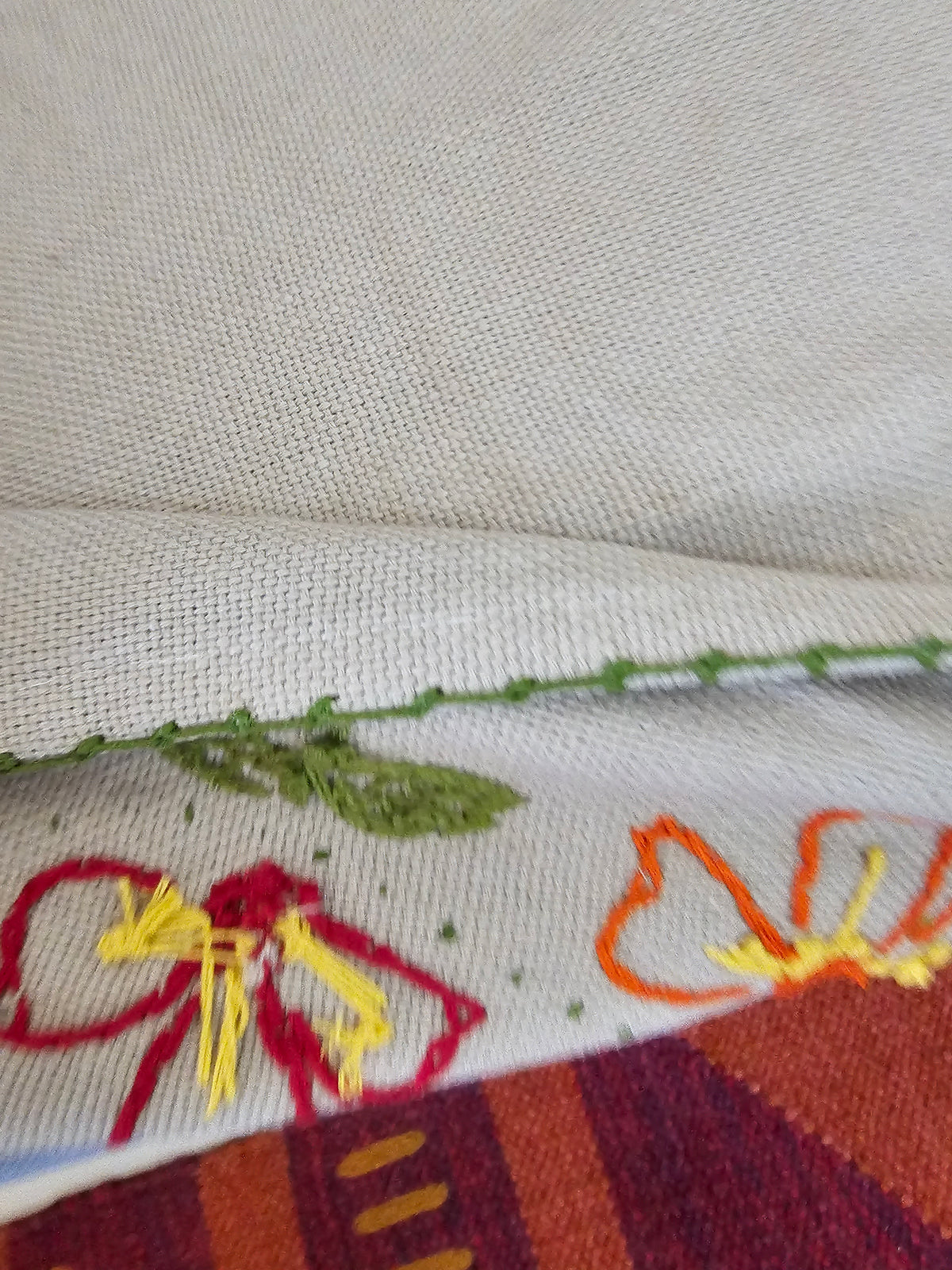 Oatmeal Jute-Cotton Floral Hand-Embroidered Sofa Cover | Artisan Seat Runner