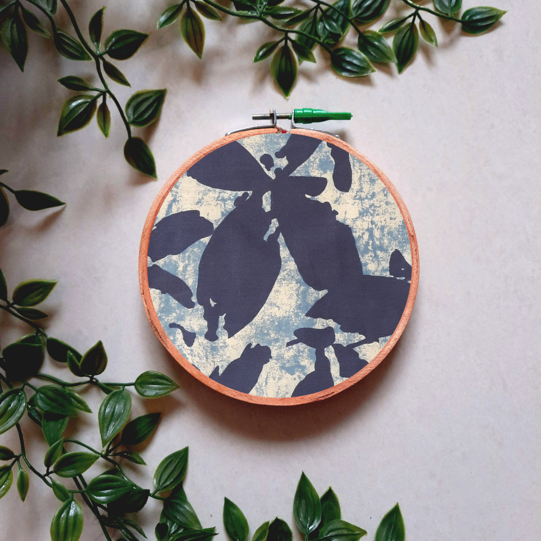 Indigo Blue Abstract Print Embroidery Hoop | Upcycled Fabric | Handmade Wall Decor