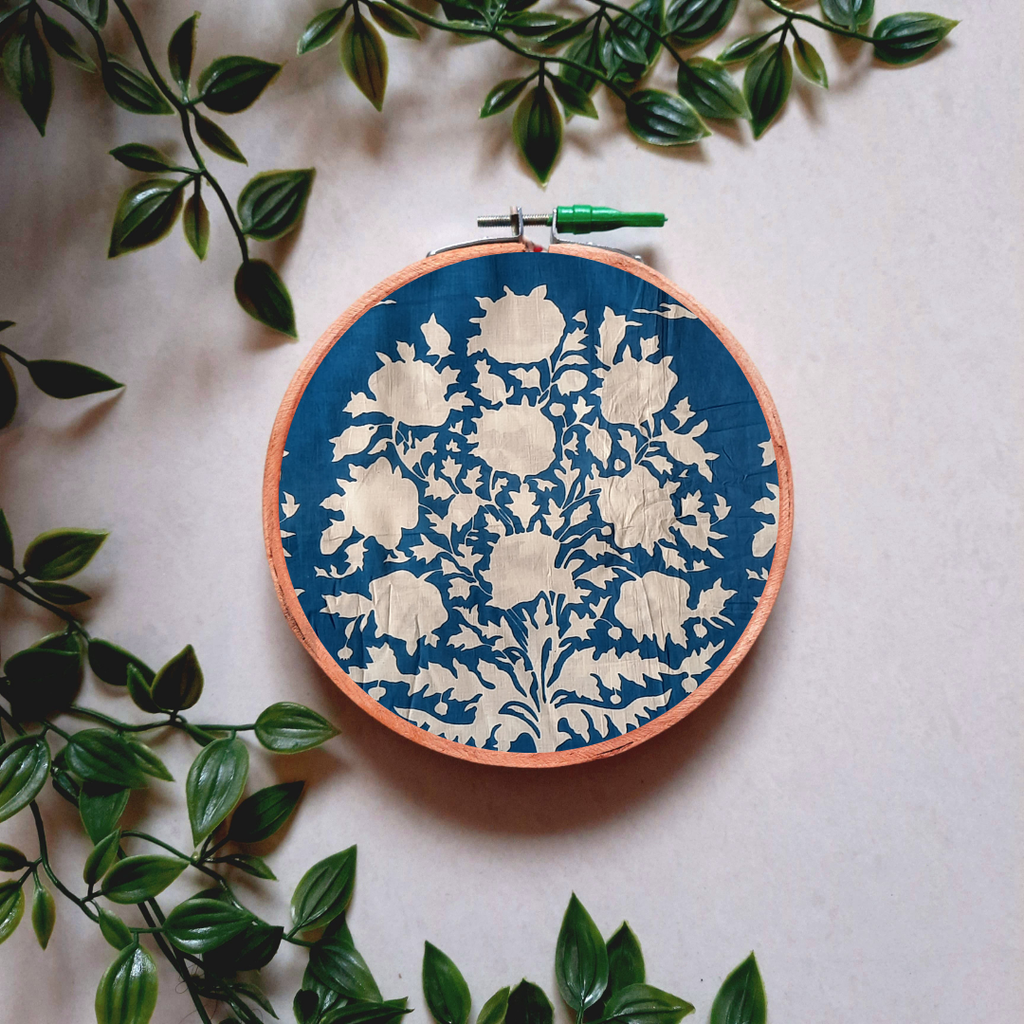 Blue Floral Embroidery Hoop | Upcycled Fabric | Handmade Wall Decor