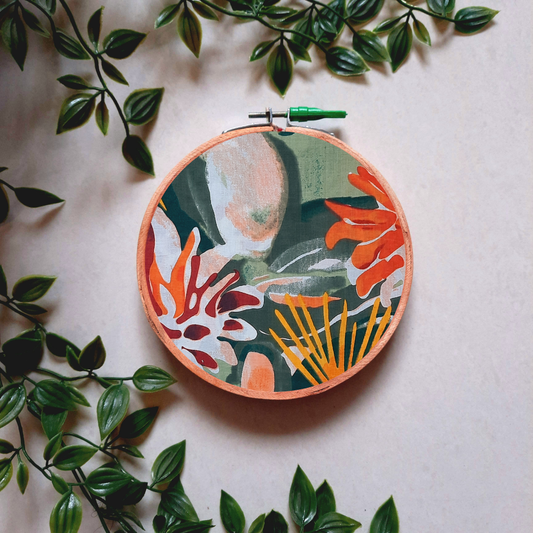 Orange and Green Floral Embroidery Hoop Wall Decor | Upcycled Fabric | Handmade