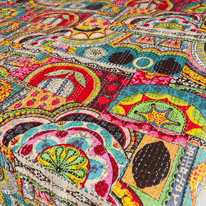 Abstract Print Colourful Kantha King Size Bed Cover