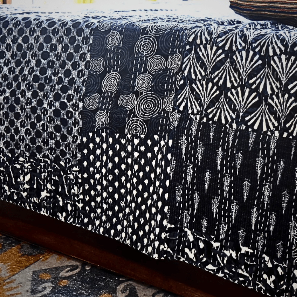 Black Kantha Work King Size Bedcover with white motifs