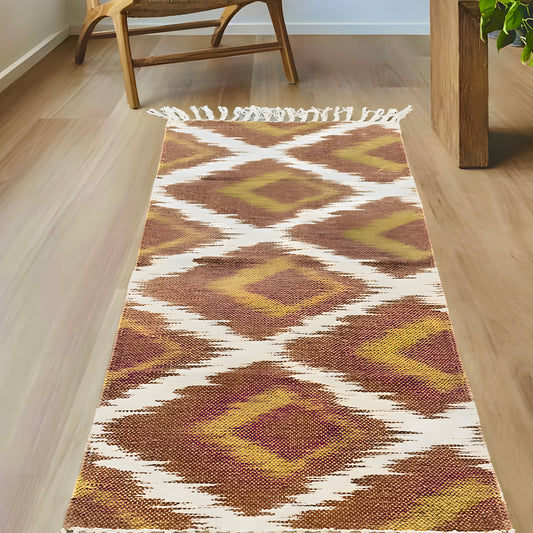 2x4 ft brown cotton rug with diamond geometric pattern and tassels – handwoven dhurrie