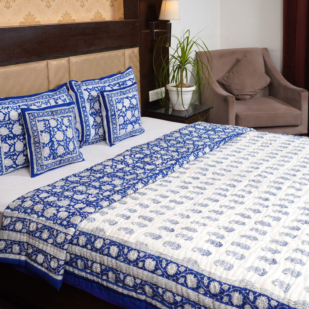 Indigo Blue Floral Print Pure Cotton Reversible Dohar King Size